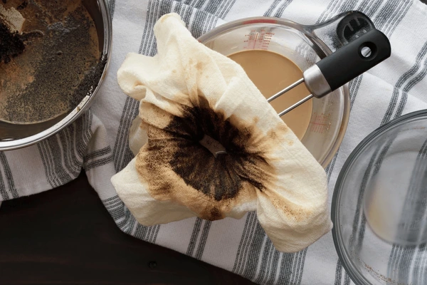 Pano de queijo dobrado em camadas sobre uma peneira
